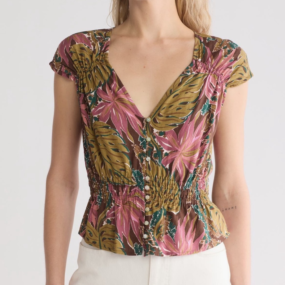 Madewell Suzy Tropical Print Linen Blend Blouse Top Size Medium
